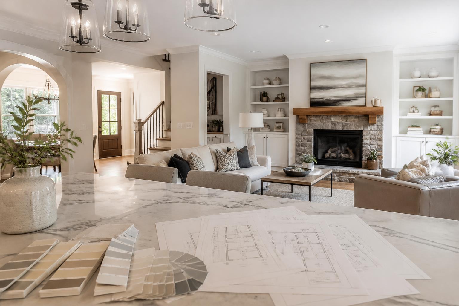 Paint samples and renovation plans arranged in a prepared North Atlanta home