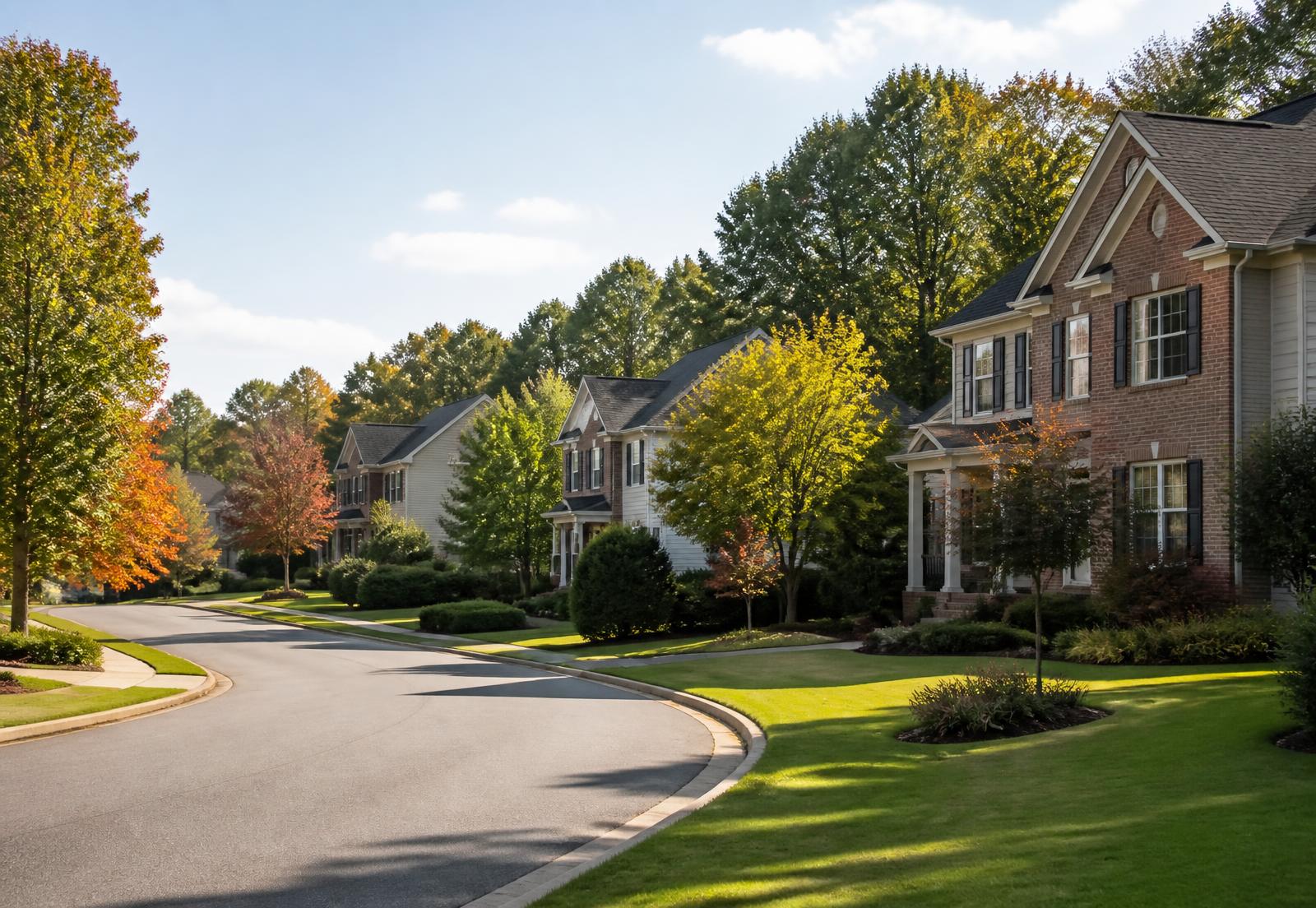 Mature landscaped Suwanee subdivision with varied detached suburban homes